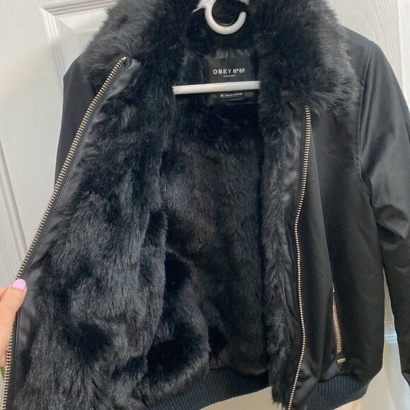 Obey Faux Fur Jacket Full Zipper BLACK Propaganda Women’s Size Medium - Picture 7 of 10